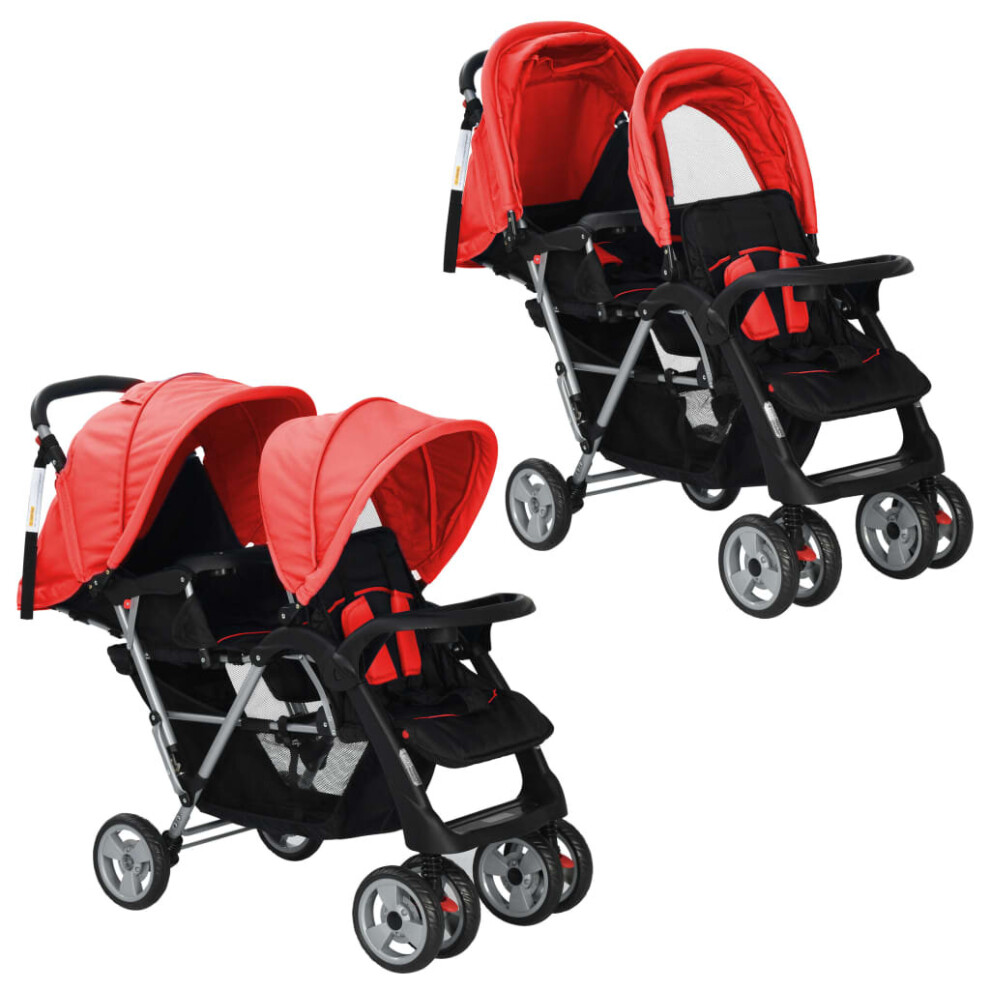 (Red) Tandem Stroller Steel Child Toddler Baby Pram Pushchair Baby Buggy Red Vidaxl