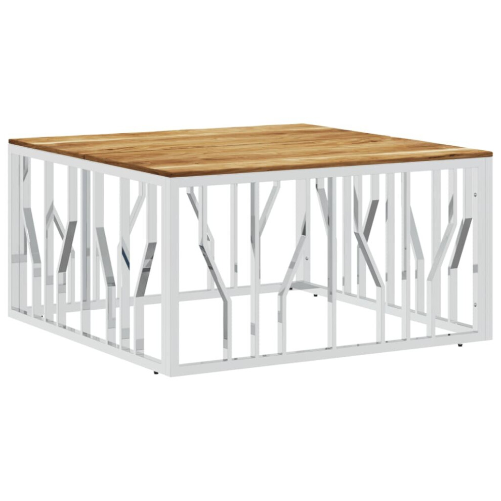 vidaXL Coffee Table Side Table Silver Stainless Steel and Solid Wood Acacia