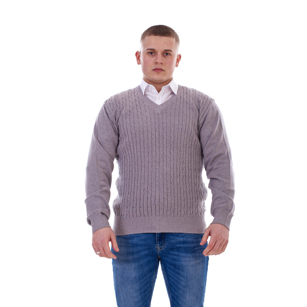 (Grey , XXL) Malay Mens Jumper Cable Knit V-Neck Chunky Pullover Warm Casual Long Sleeve Sweater 