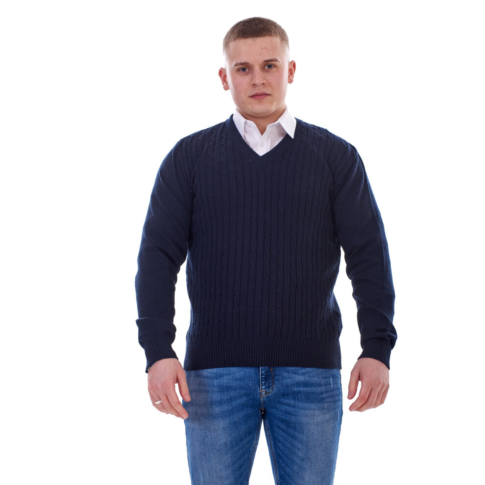 (Navy, S) Malay Mens Jumper Cable Knit V-Neck Chunky Pullover Warm Casual Long Sleeve Sweater 