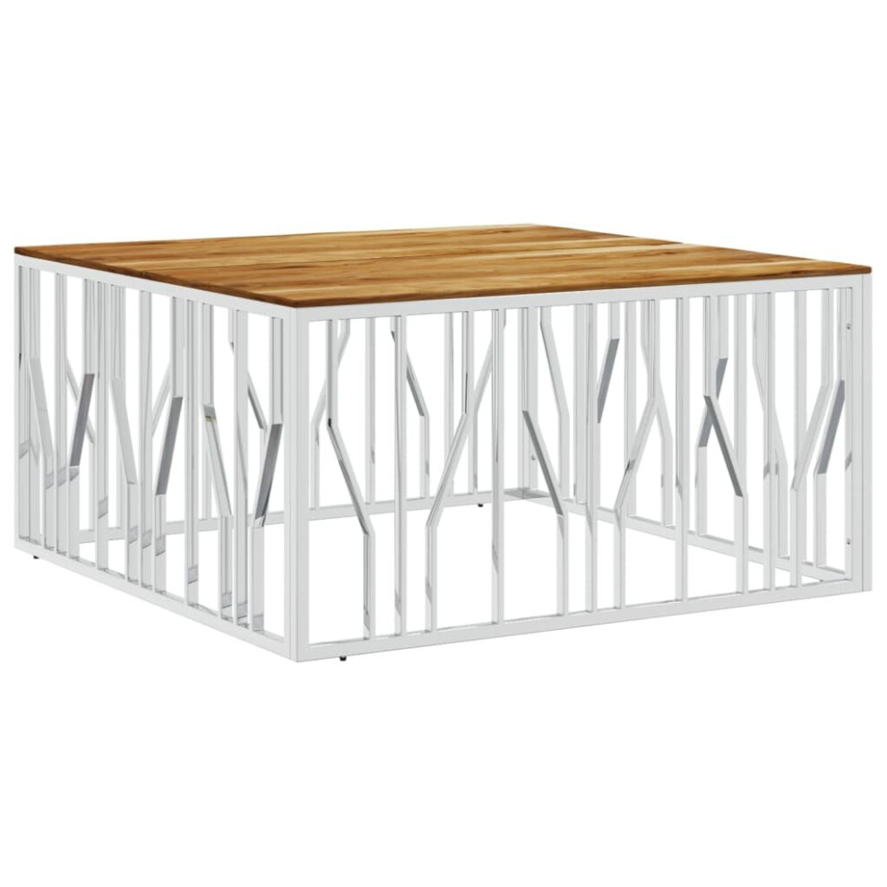 vidaXL Coffee Table Side Table Silver Stainless Steel and Solid Wood Acacia