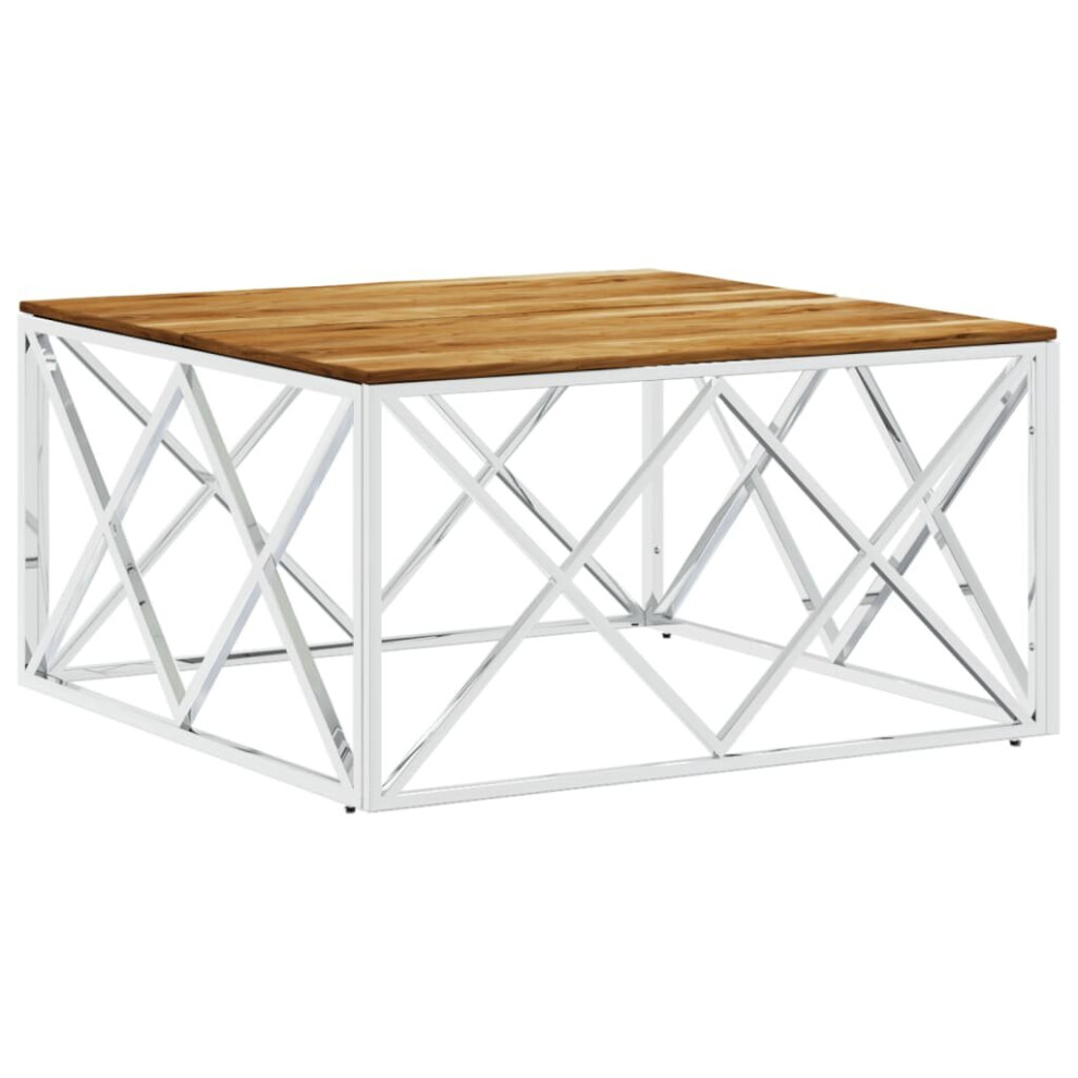 vidaXL Coffee Table Side Table Silver Stainless Steel and Solid Wood Acacia