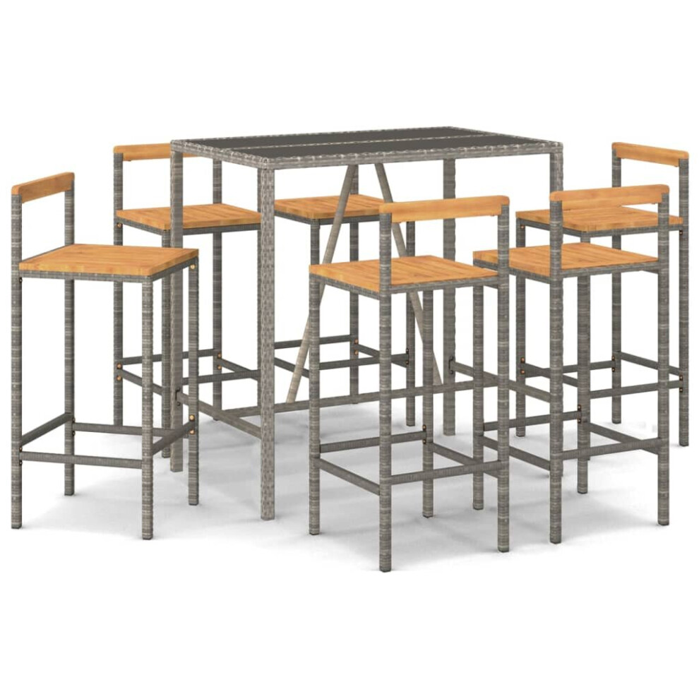 Vidaxl (Grey, 110 Cm Table Length/ 7 Piece) Garden Bar Set Bar Table And Chair Poly Rattan And Solid Wood Acacia