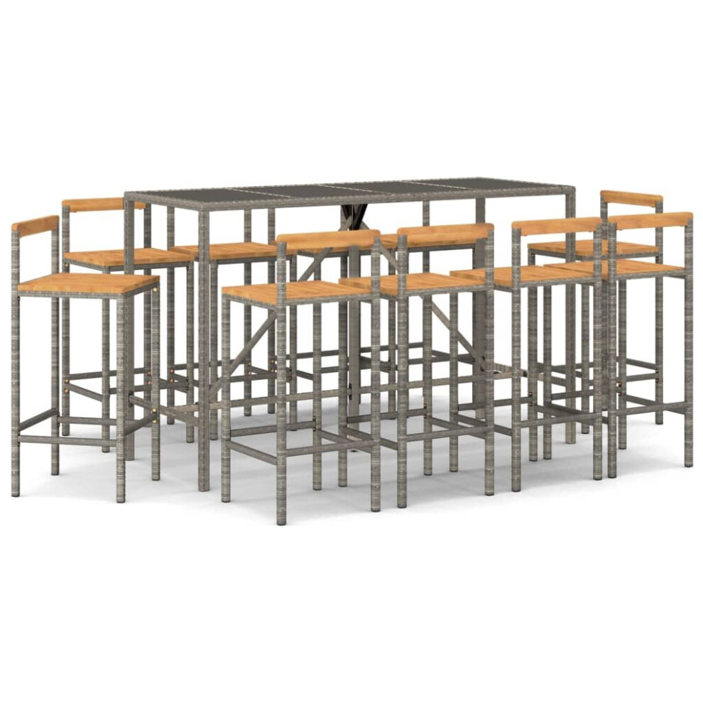 Vidaxl (Grey, 180 Cm Table Length/ 11 Piece) Garden Bar Set Bar Table And Chair Poly Rattan And Solid Wood Acacia