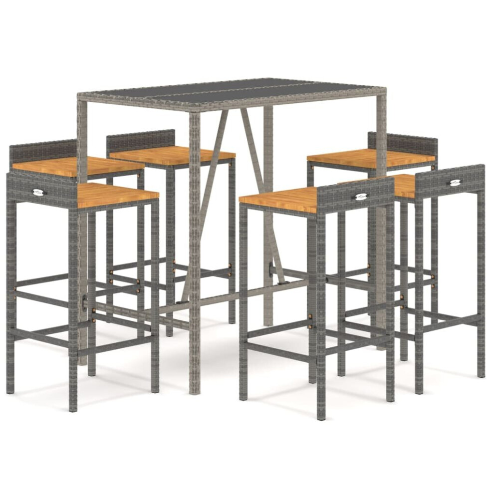 Vidaxl (Grey, 110 Cm Table Length/ 7 Piece) Garden Bar Set Bar Table And Chair Poly Rattan And Solid Wood Acacia