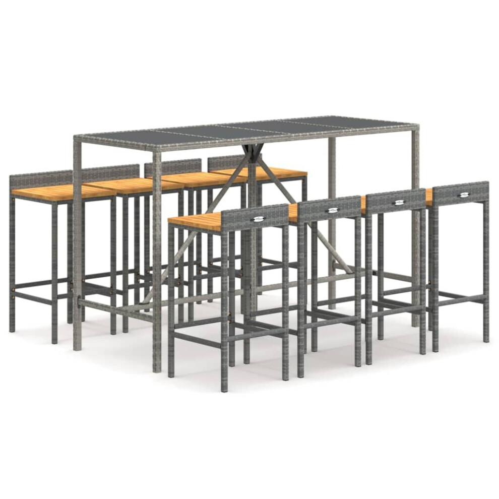 Vidaxl (Grey, 180 Cm Table Length/ 9 Piece) Garden Bar Set Bar Table And Chair Poly Rattan And Solid Wood Acacia