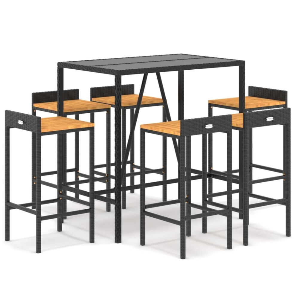 Vidaxl (Black, 110 Cm Table Length/ 7 Piece) Garden Bar Set Bar Table And Chair Poly Rattan And Solid Wood Acacia
