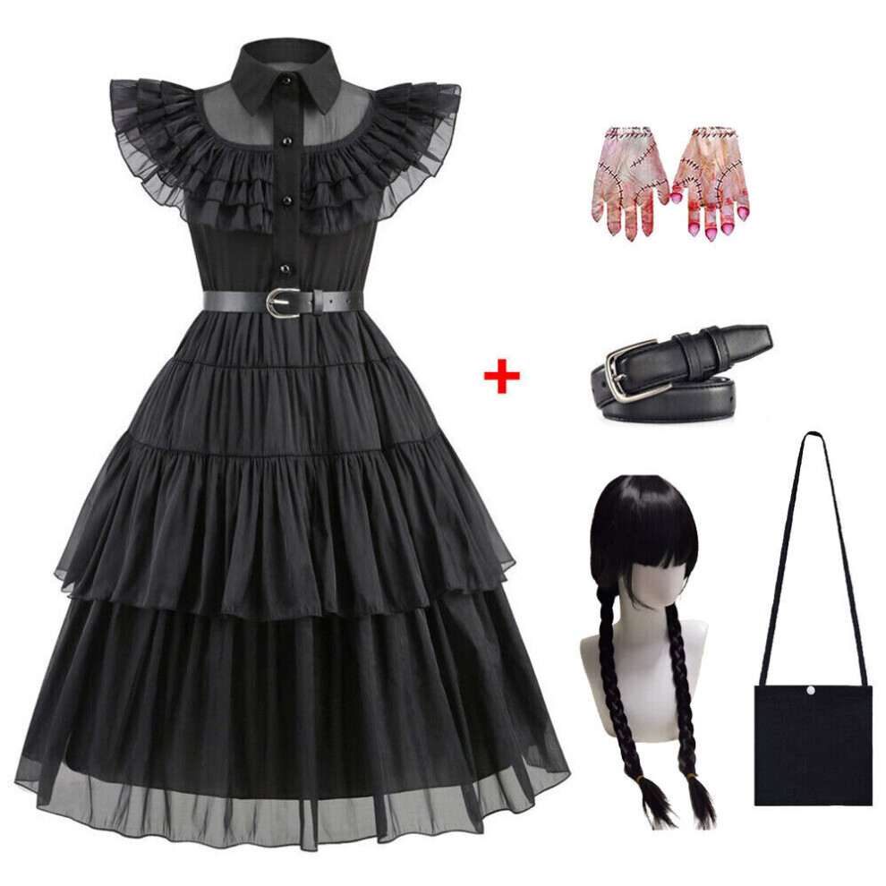 (Dress +Belt +Bag+Gloves+Wig, 9-10Y) Kids Girls Wednesday The Addams Family Costume Halloween Dress Birthday Party