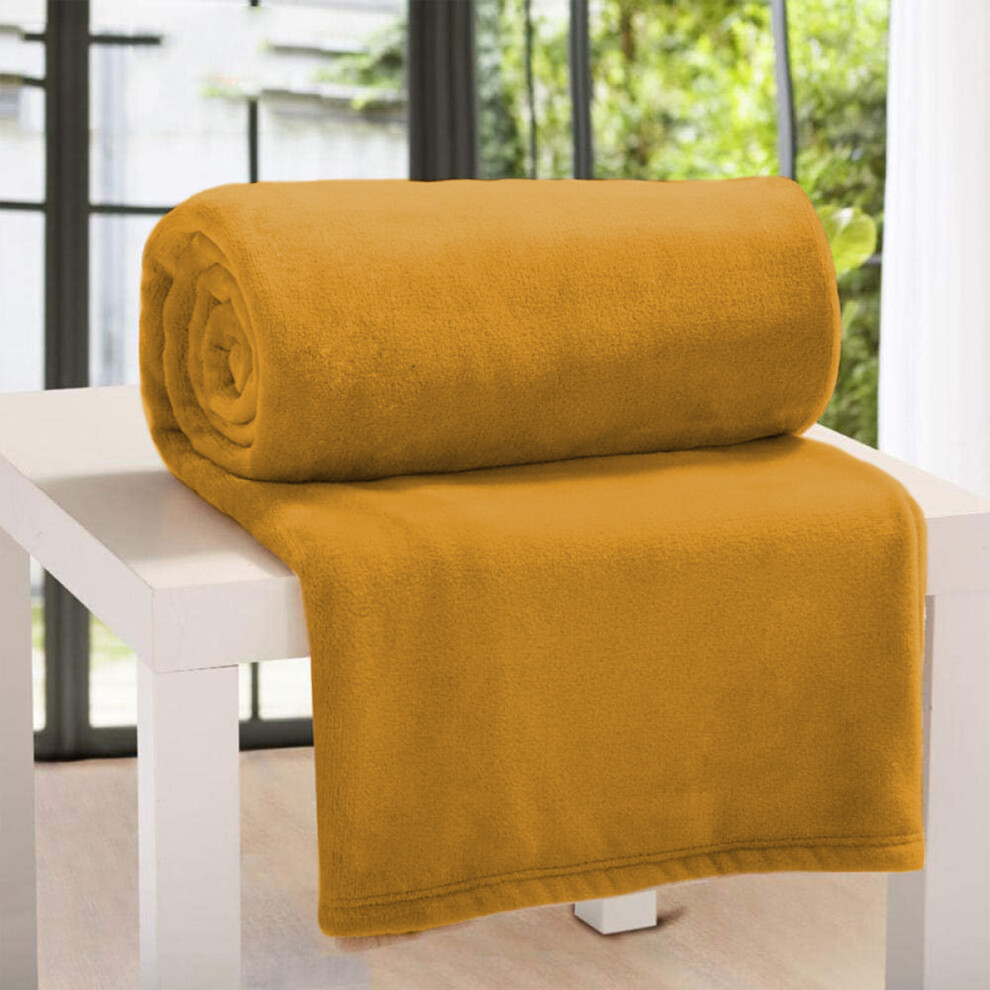 (Ochre/ Yellow Blanket) Fleece Blankets Double Warm Soft Plush Mink Throws