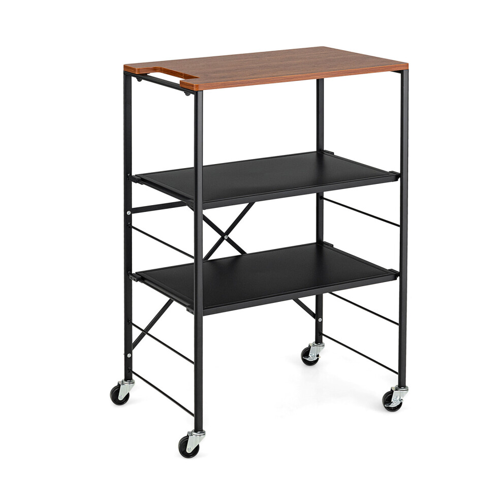 Foldable Kitchen Cart 3-Tier Serving Trolley w/Adjustable Shelves