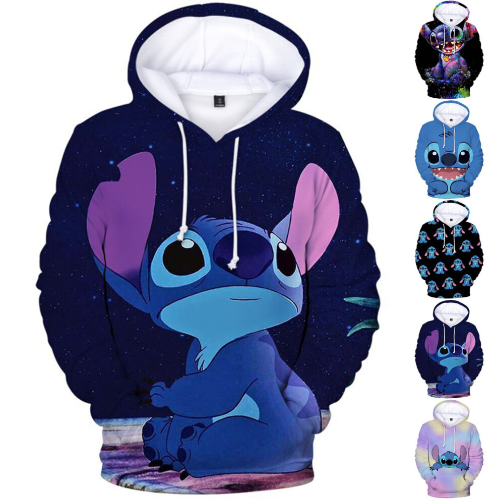 (A, 9-10Years) Kids Boys Girls Lilo and Stitch Cartoon Hoodie Hooded Sweatshirt Long Sleeve Pullover Drawstring Tops