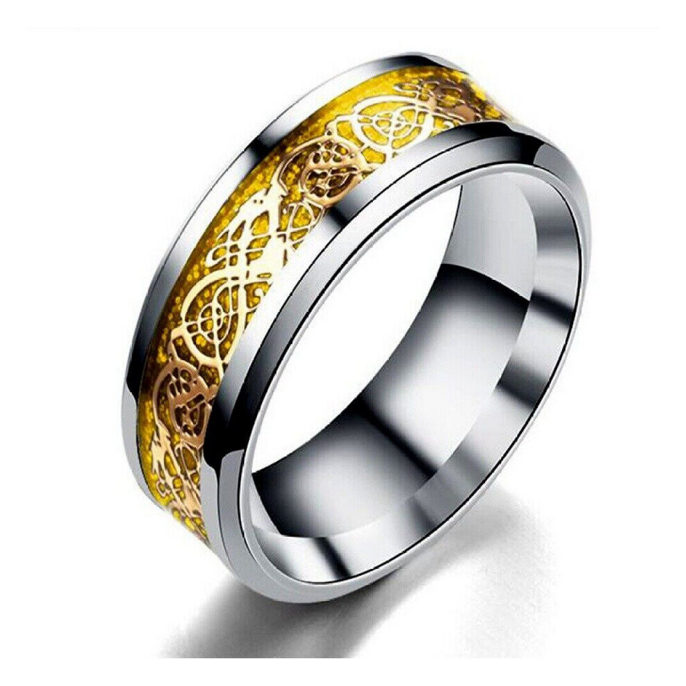 Photos - Ring  Viking Runes Celtic Dragon Stainless Steel (2# 8mm Golden & Silver Unisex Spinner Fidget Rotating Ring, 7)