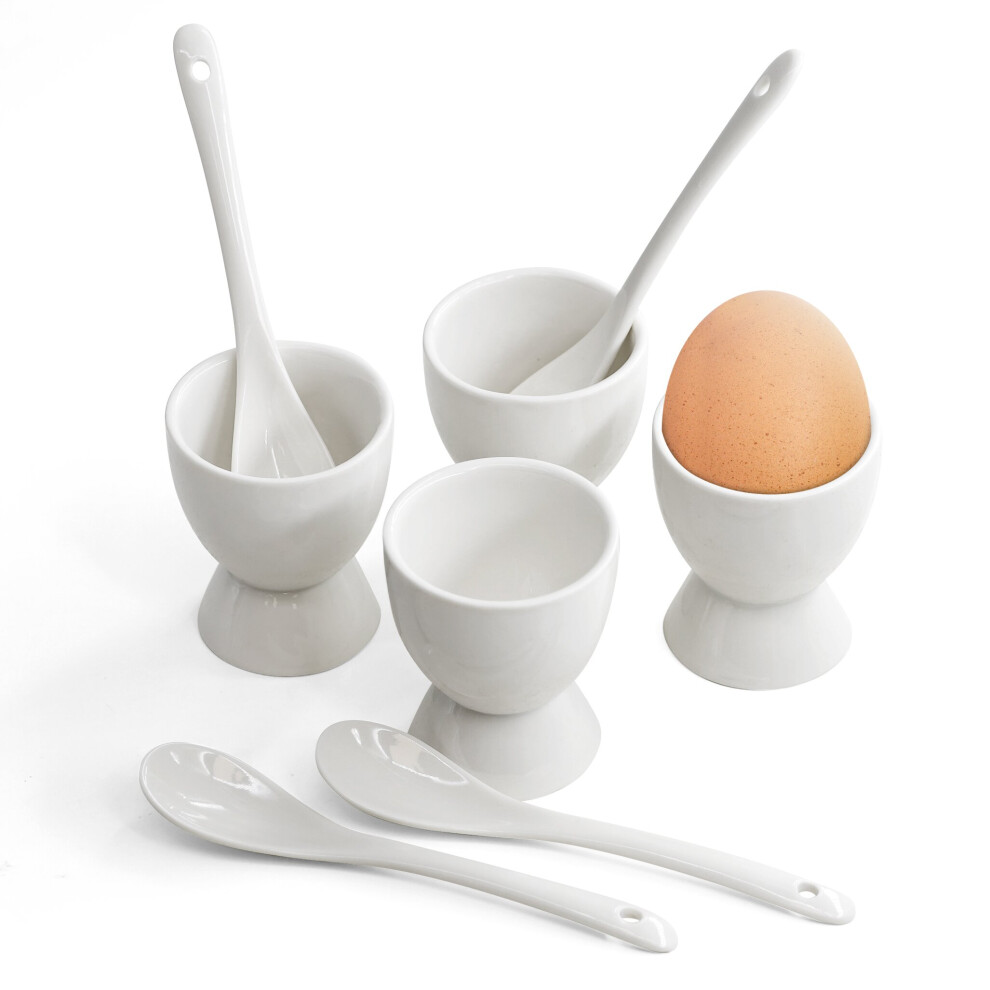 GEEZY 8 Piece Breakfast Set 4 x Egg Cup Holders & 4 x Spoons White Porcelain Ceramic