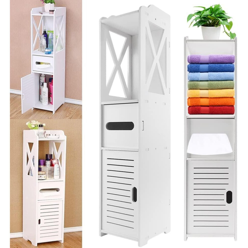 Bathroom Waterproof Cabinet with Toilet Paper Holder Slim Tall Toilet Storage Cupboard, White Organizer Shelves, Free-standing Storage Cabinet
