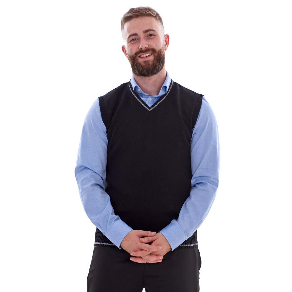 (Black, S) Malay Mens Knitted Sweater Vest Sleeveless V Neck Vintage Style Jumper Cardigan 