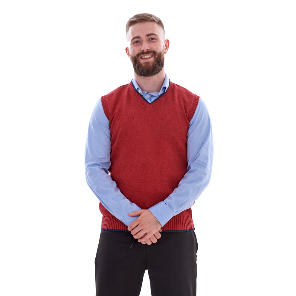 (Red, S) Malay Mens Knitted Sweater Vest Sleeveless V Neck Vintage Style Jumper Cardigan 