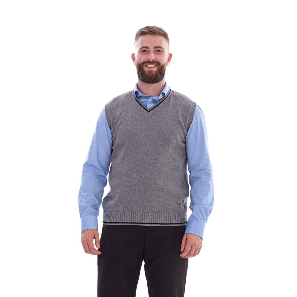 (Grey, S) Malay Mens Knitted Sweater Vest Sleeveless V Neck Vintage Style Jumper Cardigan 