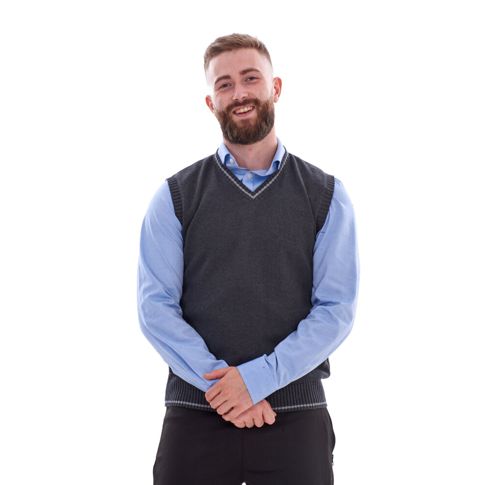 (Charcoal, L) Malay Mens Knitted Sweater Vest Sleeveless V Neck Vintage Style Jumper Cardigan 