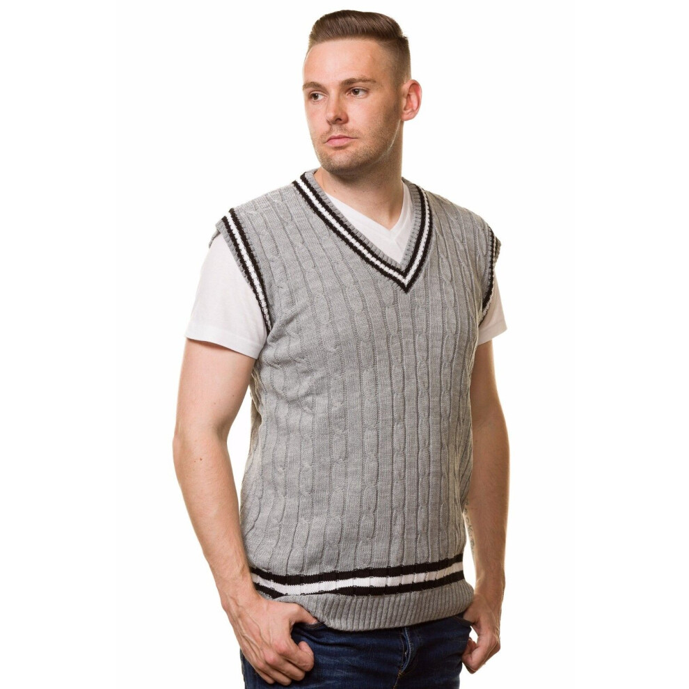 (Grey, Medium) Malay mens cricket jumper V Neck Sleeveless Casual Wear Cable Knitted tank top S to XL