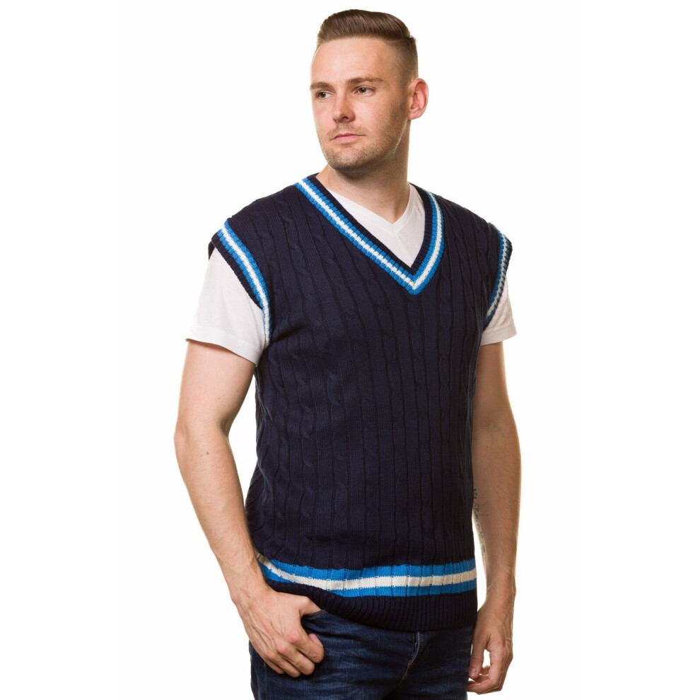 (Navy, Medium) Malay mens cricket jumper V Neck Sleeveless Casual Wear Cable Knitted tank top S to XL