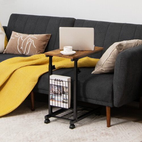 Costway C-shaped Sofa Side Table Adjustable End Table w/ Storage Basket 2