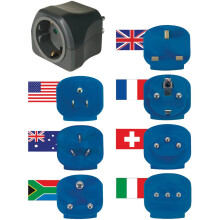 Reisestecker-Set / Reiseadapter-Set (Adapter für Reisesteckdosen mit diversem Zubehör für mehr als 150 Länder (7 x Steckereinsätze) schwarz