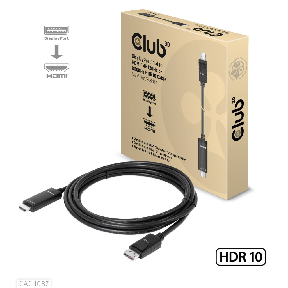 Club3d Displayport 1.4 To Hdmi 4K120hz Or 8K60hz Hdr10 Cable M/M... 8719214472436