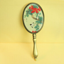 European Vintage Antique Brass Oval 3x4 inch Metal Alloy Framed Glass Hand Mirror with Butterfly Epoxy Decor Back CL111002