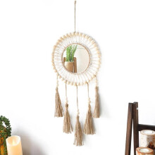 Tassel Mirror Wall Hanging Tassel Mirror Circle Mirror Boho Style Round Woven Mirror Wall Hanging Retro Art Boho Mirrors
