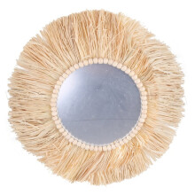 Moroccan Woven Straw Hanging Wall Mirror Boho Macrame Wooden Bead Tapestry Decor