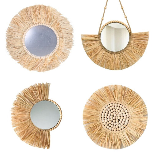 Moroccan Woven Straw Hanging Wall Mirror Boho Macrame Wooden Bead Tapestry Decor 1