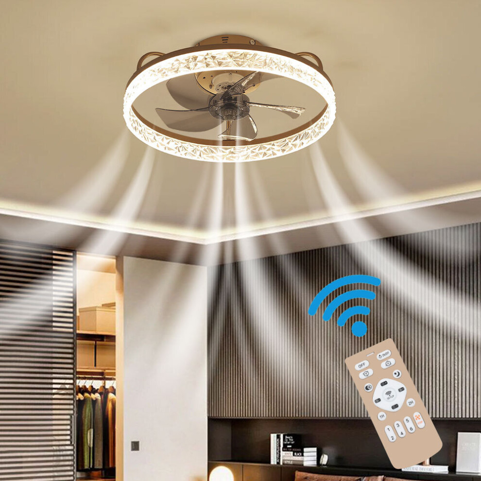 (Gold) Modern Round Crystal LED Ceiling Fan Light with Remote Control