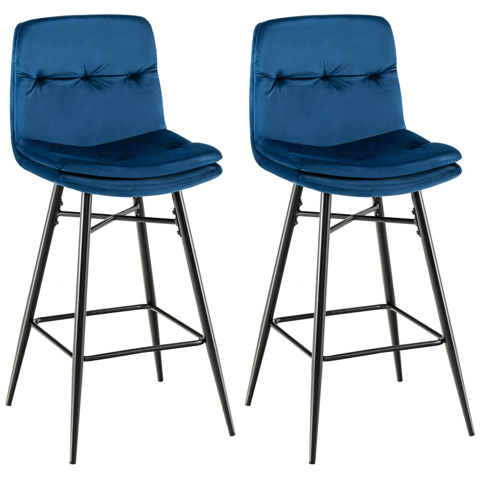 Casart (72Cm) Set Of 2 Velvet Bar Stool Tufted Back Metal Leg Counter Kitchen Blue