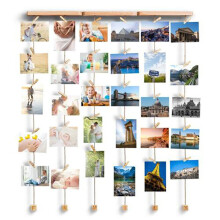 Family Wooden Photo Frame Organizer Holder Background Wall Hanging DIY Picture Photo Backdrop Collage Display with 25 Clips