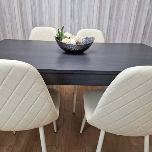 Dining Table with 4 Cream Stitched Padded Chairs Dark Grey Table 1