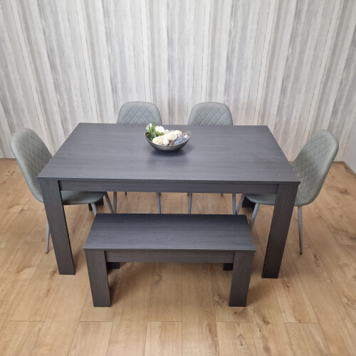 Dark Grey Dining Table with 4 Diamond Stitched Grey Chairs and 1 Bench