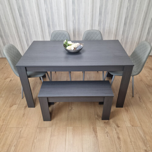 Dark Grey Dining Table with 4 Diamond Stitched Grey Chairs and 1 Bench 1