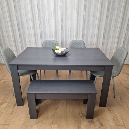 Dark Grey Dining Table with 4 Diamond Stitched Grey Chairs and 1 Bench 2
