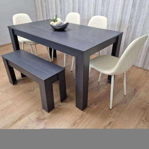 Dining Table Set 4 Grey Dining Table and 4 Diamond Padded Stitched Cream Chairs with 1 Bench 1