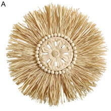Hanging Mirror Straw Moroccan Wood Beads Acrylic Multi-function Decorative Ornament for Bedroom Decorative Wall Mirrors Round