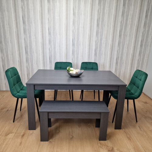 Grey Dining Table and 4 Green Velvet Tufted Chairs with 1 Bench 1