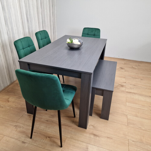 Grey Dining Table and 4 Green Velvet Tufted Chairs with 1 Bench 2