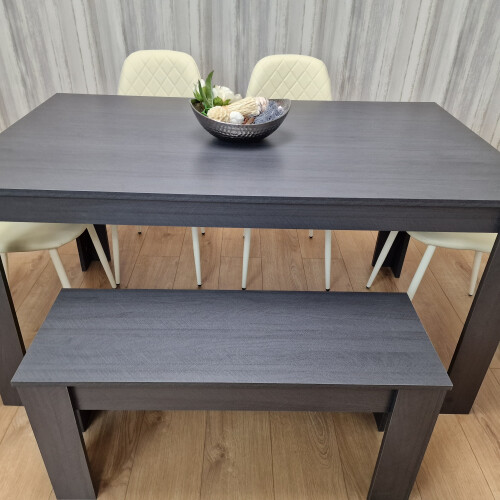 Dining Table Set 4 Grey Dining Table and 4 Diamond Padded Stitched Cream Chairs with 1 Bench 2