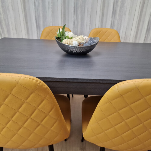 Luxurious Dark Grey Dining Table with 4 Mustard-Stitched Chairs Dining Room set 2