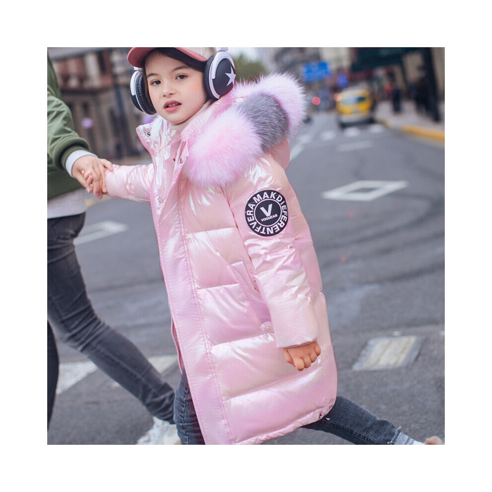 (Pink, 4-5yrs) Keep Warm Winter Jacket Girls Coat Fashion Waterproof Shiny Hooded Children Outerwear 5-14 Years Teenage Kids Parka