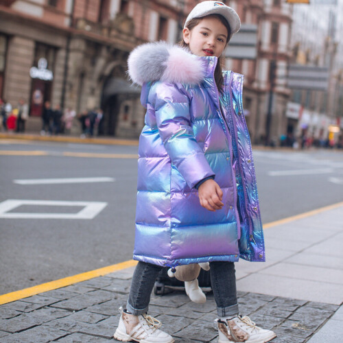 (Purple, 8-9yrs) Keep Warm Winter Jacket Girls Coat Fashion Waterproof Shiny Hooded Children Outerwear 5-14 Years Teenage Kids Parka