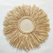 Nordic Round Woven Straw Mirror Moroccan Wood Beads Hanging Makeup Mirrors Wall Ornaments Home Decor Crafts