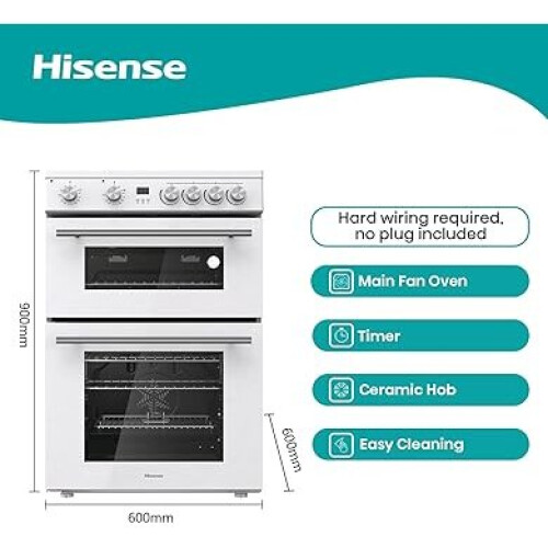 HDE3211BWUK 60cm Electric Cooker with Ceramic Hob, White - A Rated Double Oven, Programmable Timer 2