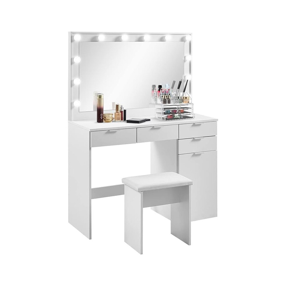 Bedroom Dressing Table with Stool White Vanity Table with Hollywood LED Mirror Makeup Table with 4 Drawers and Cabinet Bedroom Furniture Set