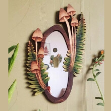Wooden Mushroom Forest Mirror Floral Oval Wall Holiday Decoration for Living Room Bedroom Entryway Bathroom Hanging Decor